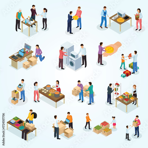 Isometric Detailed Charity Donation and Volunteering Events Scenes Illustration