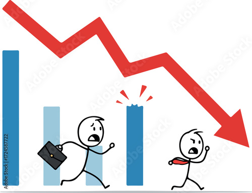 Economic downturn panic as people flee from falling financial graph.