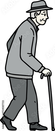 Elderly man walking with cane wearing hat and coat.