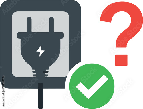 Electrical plug connected to power outlet with question mark and checkmark.