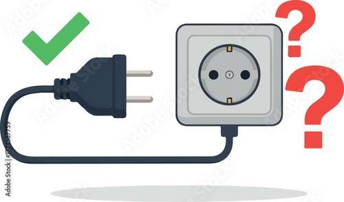 Electrical plug and socket connection with green checkmark and question marks.