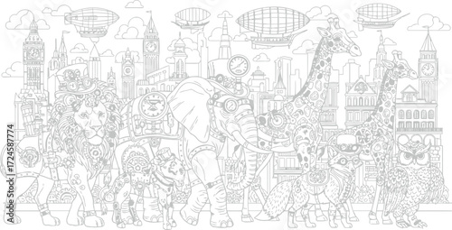 Vector illustration of steampunk animal parade with fantastical creatures and airships, a detailed coloring page for creative minds 