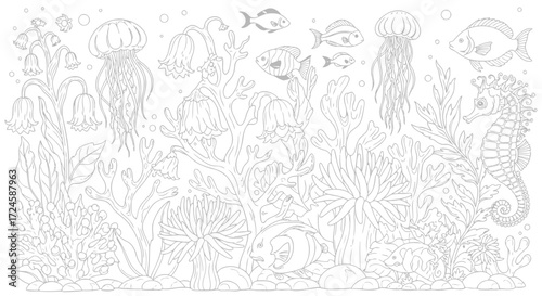 Vector illustration of underwater bioluminescent garden, with coral reef, jellyfish, and seahorse, a detailed coloring page for ocean lovers to enjoy