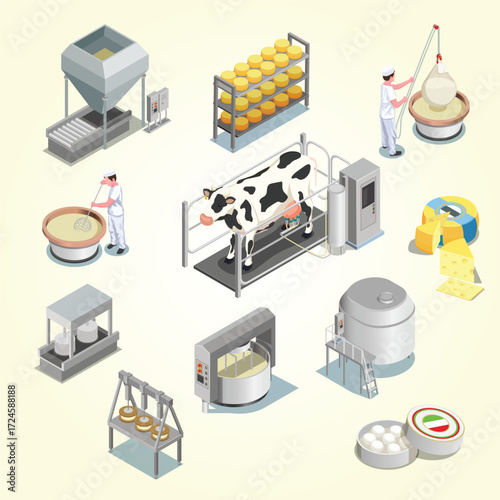 Isometric Detailed Cheese Production Process and Equipment on Farm Stage Illustration
