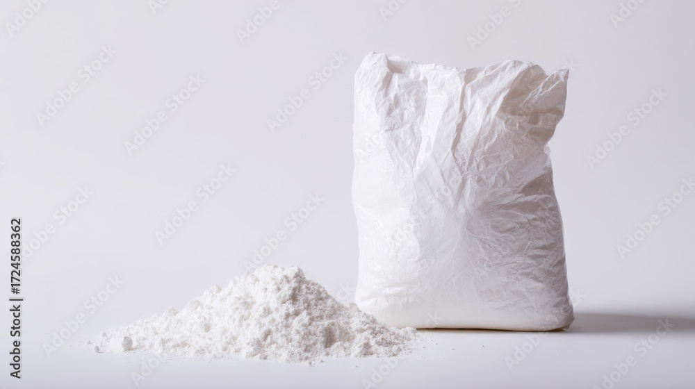 Obraz premium A close-up depiction of a pristine paper bag filled with flour, positioned on a white backdrop, accompanied by flour powder, highlighting the simplicity and purity of baking ingredients.