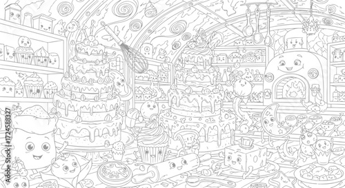 Vector illustration of whimsical bakery coloring page filled with cute characters and delicious treats, perfect for kids and adults 