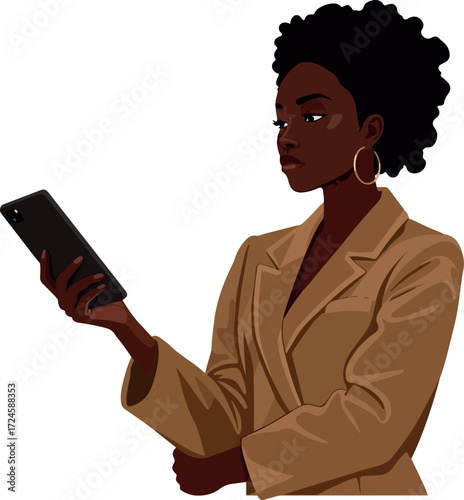 Elegant businesswoman holding smartphone focused and determined ready for action.
