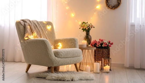 Cozy armchair with fairy lights, flowers, and candles