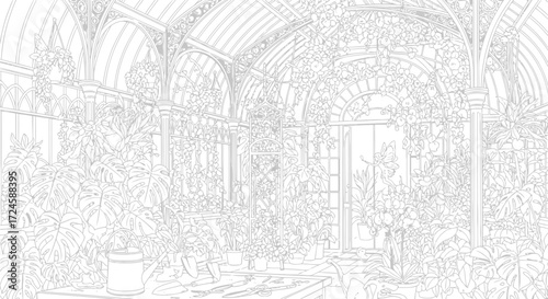 Vector illustration of victorian greenhouse with exotic plants, intricate trellises, hidden fairies, and vintage gardening tools, doodle art ideal for adults seeking a calming and artistic activity
