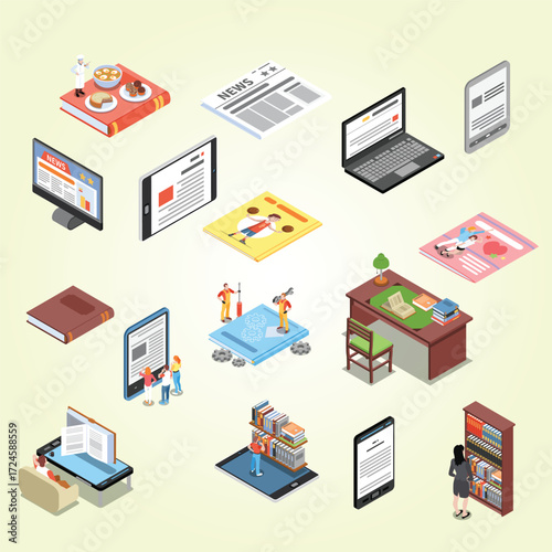 Isometric Learning and Education Concept with Book and Electronic Device Element