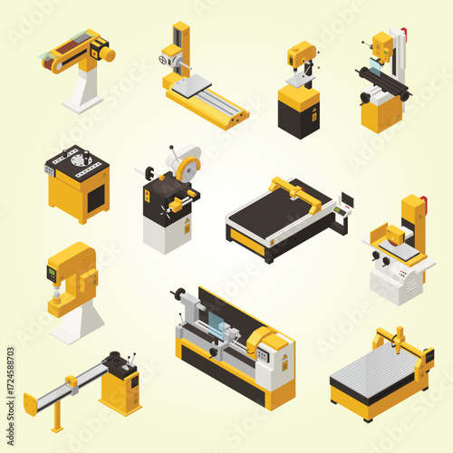 Isometric Detailed Industrial Automated Machinery Equipment Element Manufacturing and Production Collection