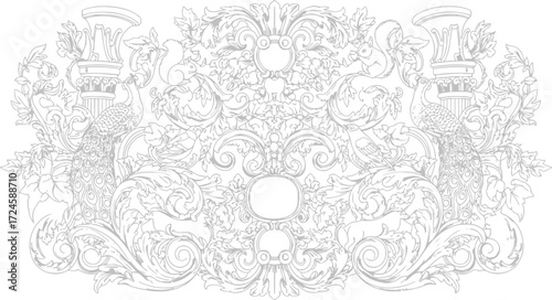 Vector illustration of baroque architectural elements blended with floral patterns, classical motifs, and symmetrical arrangements, for coloring pages