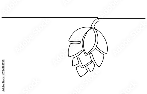Elegant hop design. Two hops in a heart shape, framed by stylized leaves and sprigs, Hop icon, black silhouette isolated on white background. continuous one line drawing