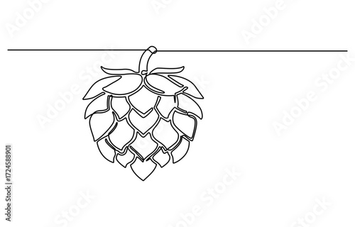 Elegant hop design. Two hops in a heart shape, framed by stylized leaves and sprigs, Hop icon, black silhouette isolated on white background. continuous one line drawing