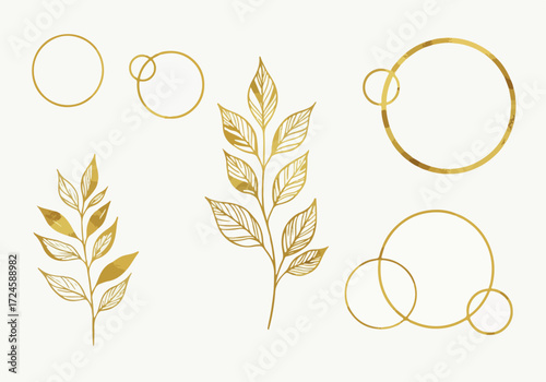 Elegant golden leaf and circle design elements for decoration.