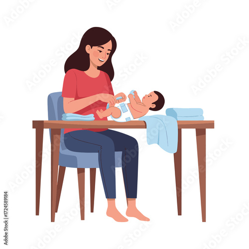 A mother tenderly changes her baby's diaper while sitting at a wooden table, with clean towels nearby.