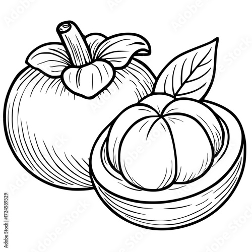 A black line art illustration of a whole and a half-cut mangosteen fruit with a leaf.