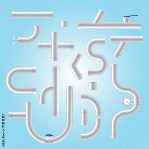 Realistic Metallic Pipe Component Set Industrial Plumbing System Isolated Illustration