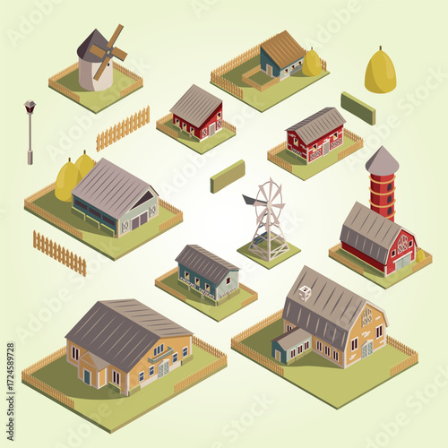 Isometric Detailed Farm Buildings and Objects Composition with Windmills and Barns