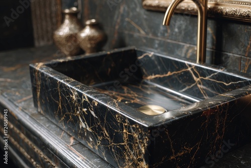 Luxurious black marble sink in a stylish bathroom