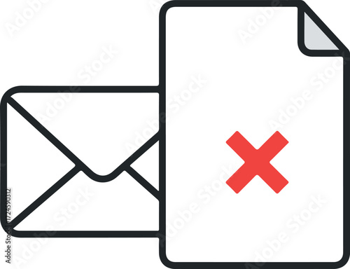 Email envelope and document with red cross symbol indicating rejection or error.