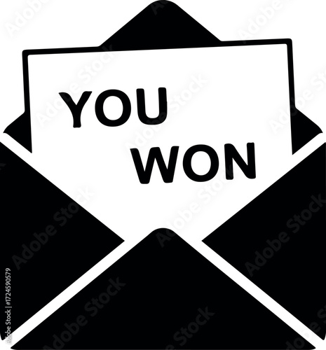 Envelope revealing a winning message of congratulations and good news.