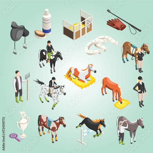 Isometric Equestrian and Horse Activities Poses and Equipment Detailed Illustration