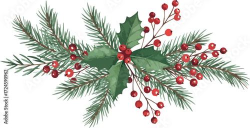 Festive Christmas arrangement of holly berries and evergreen foliage.