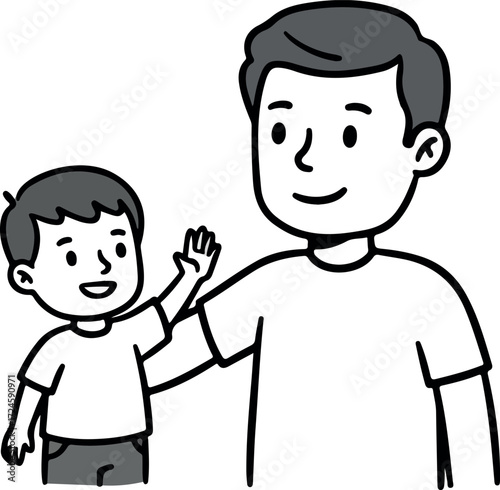 Father and son waving hands together in a friendly gesture.
