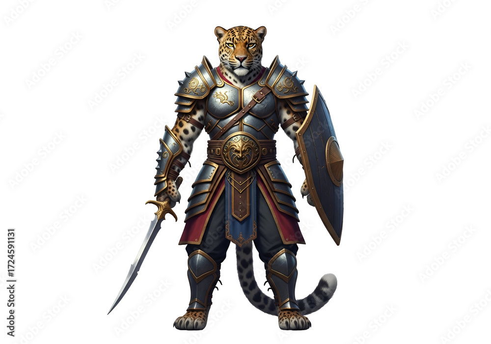 Fototapeta premium A formidable warrior, clad in intricate, metallic armor, stands poised with sword and shield.