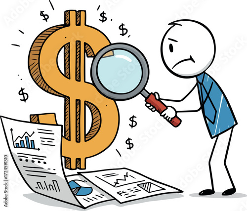 Financial analysis concept with magnifying glass and dollar sign.