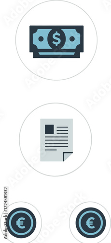 Financial documents and currency symbols in a white circle.