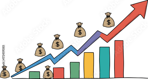Financial growth chart showing increasing profits and gains over time.