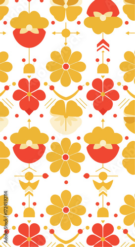 Floral pattern design with vibrant colors and symmetrical arrangement on white background.