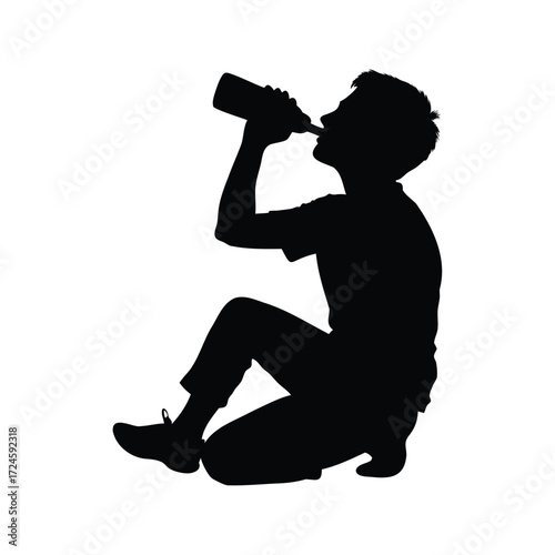 Silhouette of a person drinking from a bottle while kneeling on the ground, camper drinking from bottle silhouette vector illustration