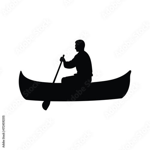 Silhouette of a person paddling a canoe on a white background, camper paddling canoe silhouette vector illustration
