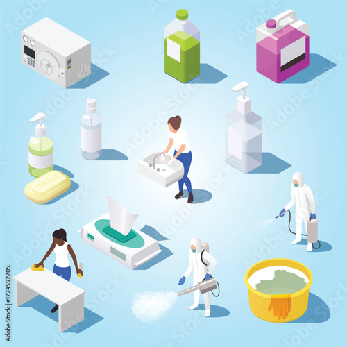 Isometric Illustration of Hygiene and Disinfection Procedures for Preventing Virus Spread