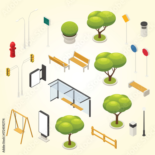 Isometric Style City Park Elements Collection Urban Landscape Items Design