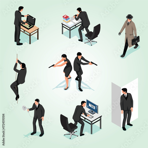 Isometric Secret Agent Action People Poses and Activity Illustration