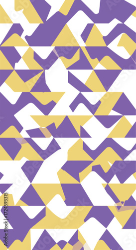 Geometric abstract pattern with triangles and wave shapes in purple and yellow.