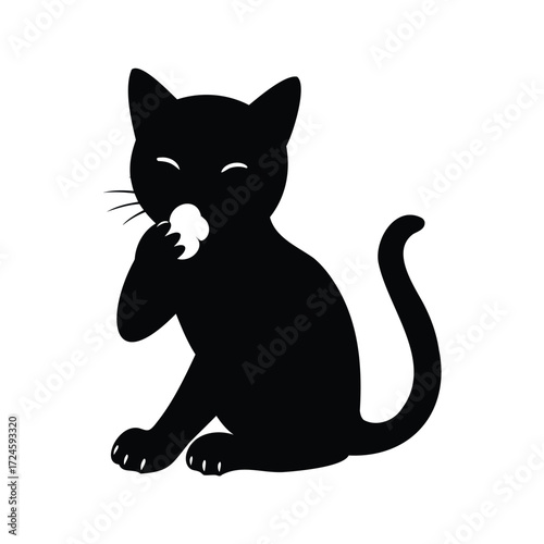 A black cat sits and meticulously washes its face with its paw, cat licking paw silhouette vector illustration