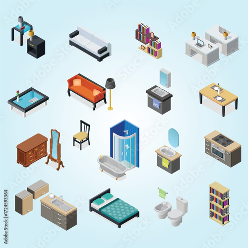 Isometric Detailed Furniture Interior Design Element Modern Style Collection Illustration