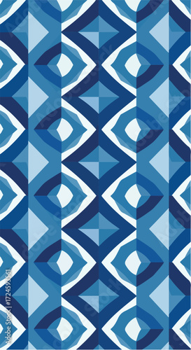 Geometric blue pattern with diamond shapes and eyelike elements.