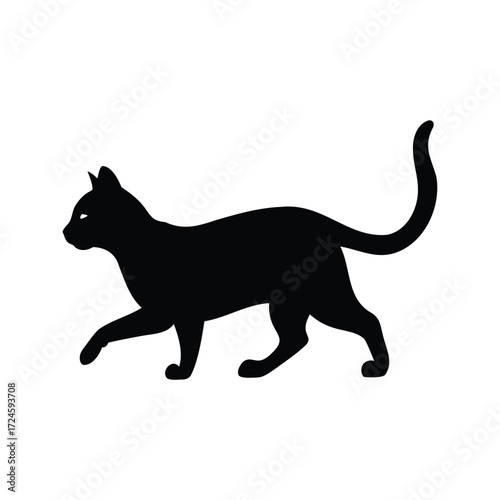 Elegant black cat silhouette walking gracefully against a clean white backdrop, cat running silhouette vector illustration