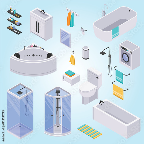 Isometric Bathroom Interior Elements Collection, Flat Design Illustration for Home Interior