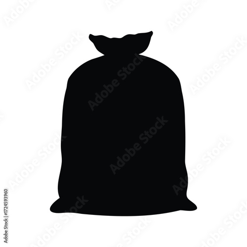 Silhouette of a black plastic garbage bag filled with discarded trash, cement bag silhouette vector illustration