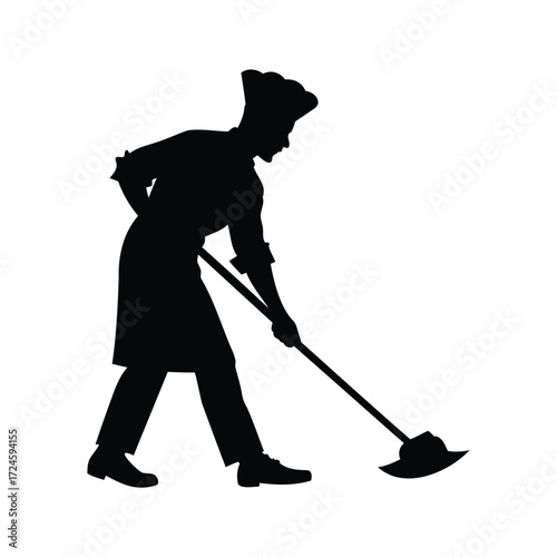 Silhouette of chef using a floor scraper in a restaurant kitchen, chef cleaning kitchen silhouette vector illustration