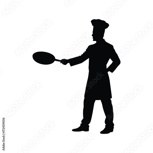 Silhouette of a Chef Holding a Frying Pan with a Confident Posture, chef holding frying pan silhouette vector illustration