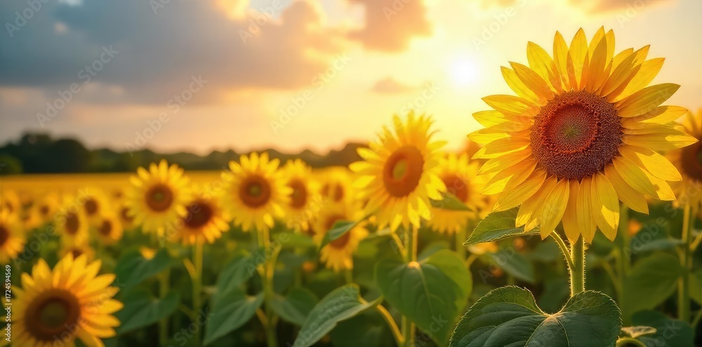 Fototapeta premium A vibrant field of towering sunflowers basking in the golden sunlight, their faces turned towards the sky Perfect for summer, nature, and agriculture themes , farm, nature, agriculture