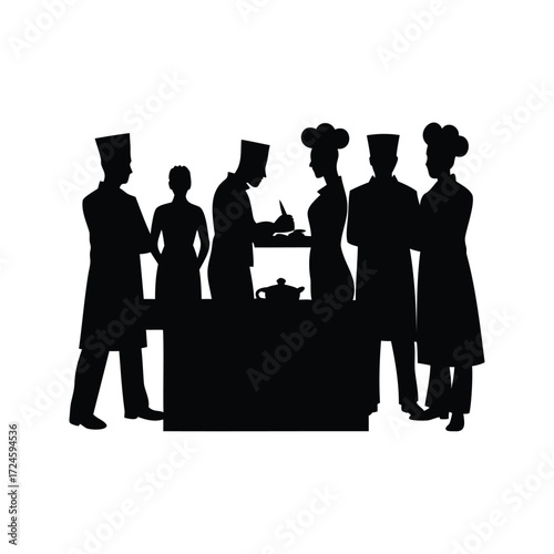 A team of chefs and assistants work together in a professional kitchen, chef team working together silhouette vector illustration